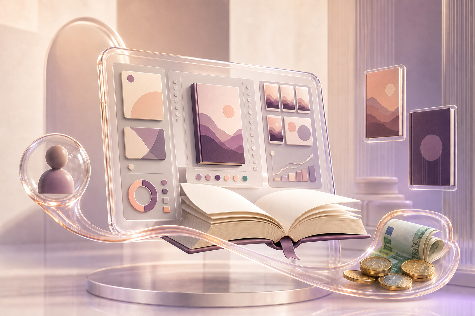 Modern animated 3D scene connecting an author, the ManuBook workspace, a finished book and affiliate revenue
