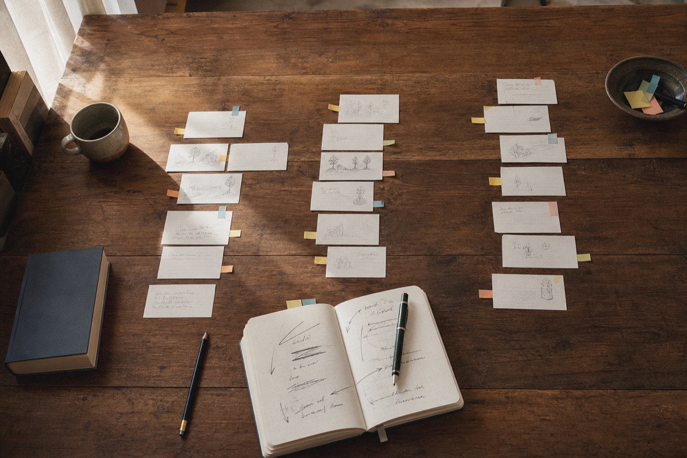 Movable story cards arranged into an evolving novel outline