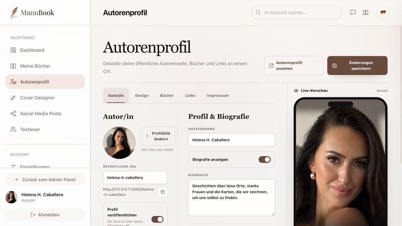 ManuBook author profile builder with public URL, biography and live book preview