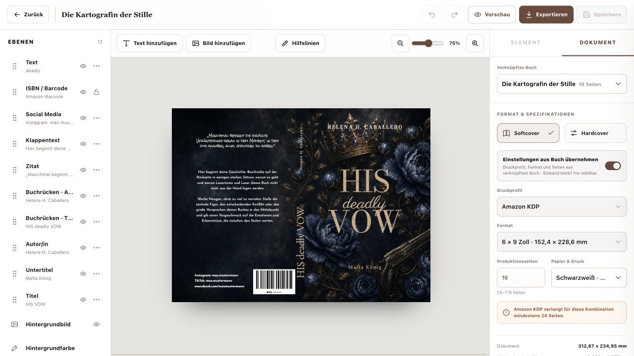 ManuBook Cover-Editor mit Ebenen, vollständigem Umschlag und KDP-Druckspezifikationen