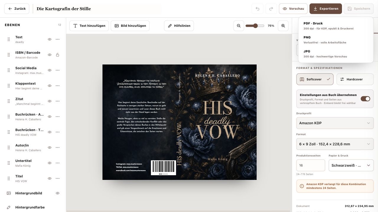 Exportmenü im ManuBook Cover-Designer für Druck-PDF, PNG und JPG