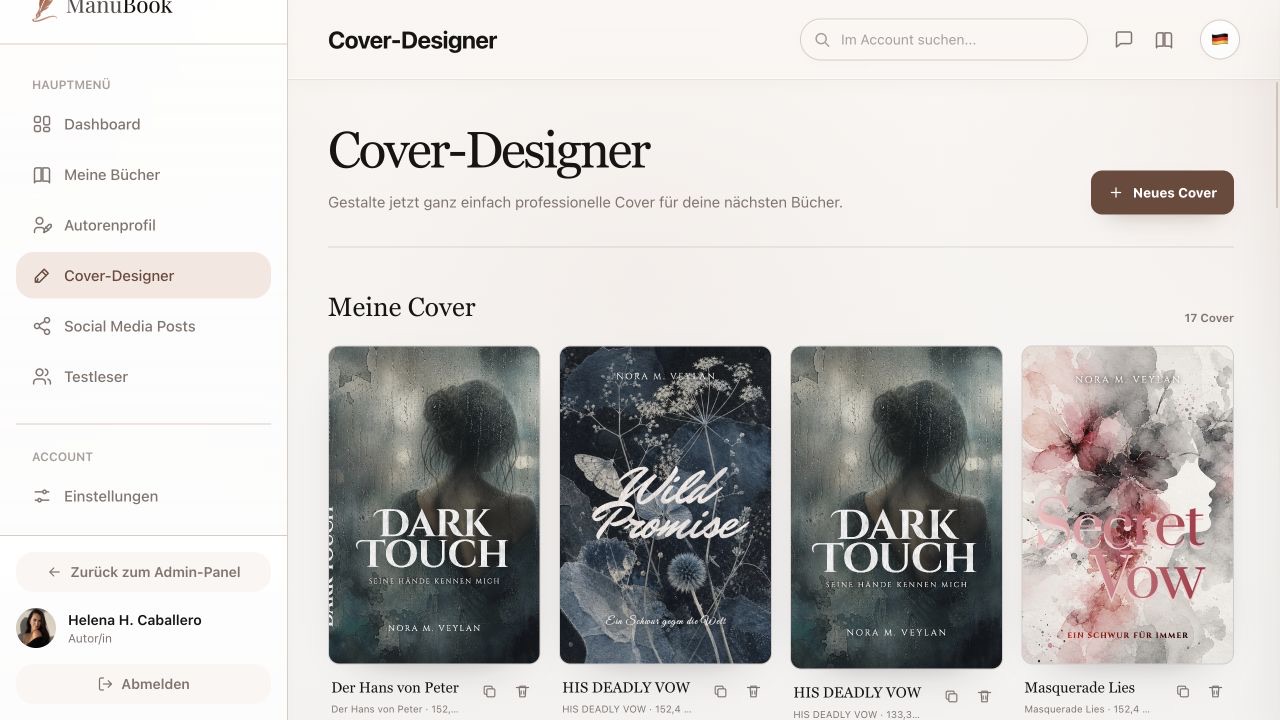 ManuBook Cover-Designer mit eigenen Coverentwürfen und vollständigen Umschlagvorlagen