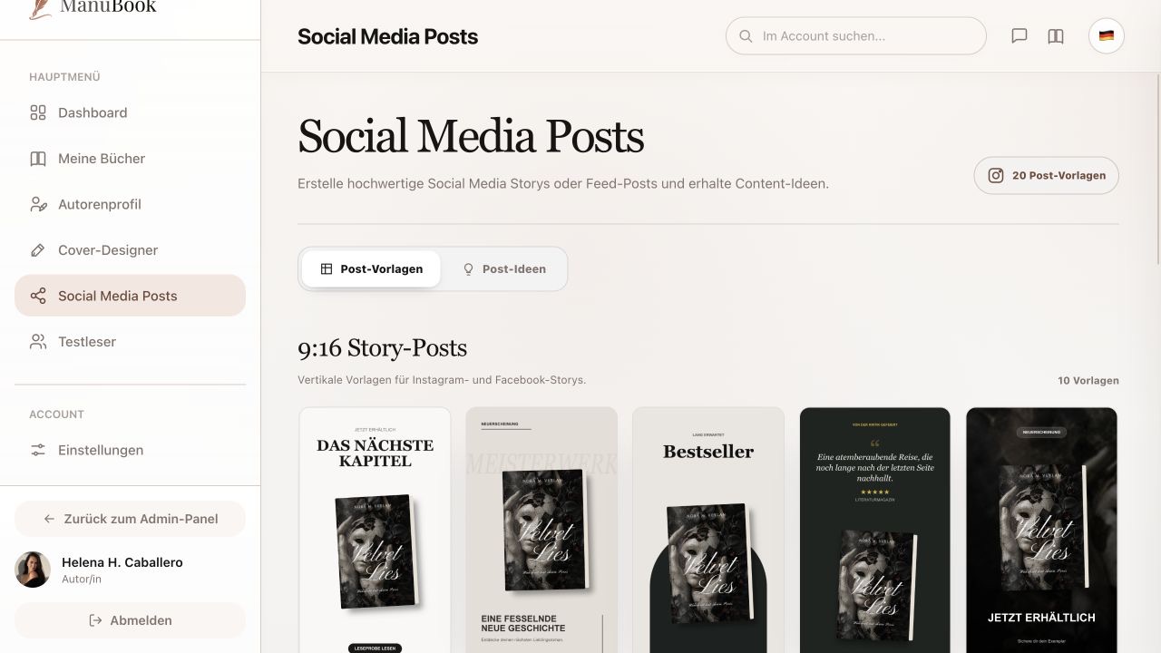 ManuBook Social Media Post-Designer mit Story- und Feed-Vorlagen für Buchcover
