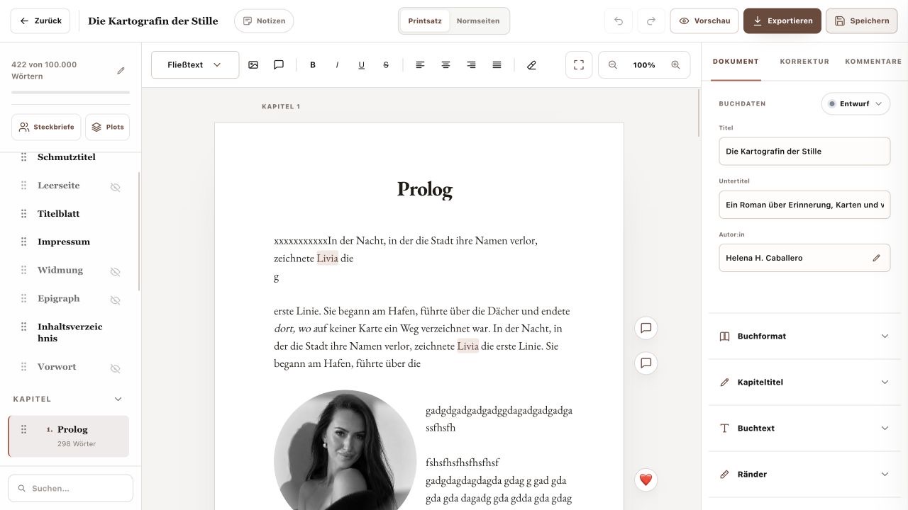 ManuBook Schreibstudio mit Umschaltung zwischen Printsatz und Normseiten