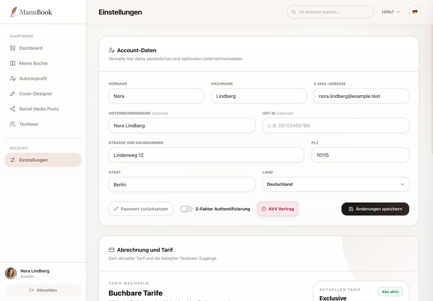 Account Settings with personal data, password and two-factor authentication