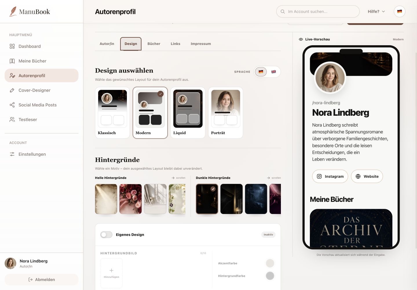Design-Tab mit Sprache, Layouts und Hintergründen