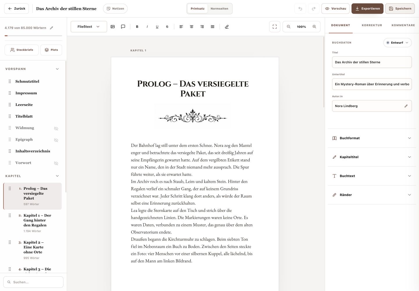 Writing studio with front matter, chapters and back matter