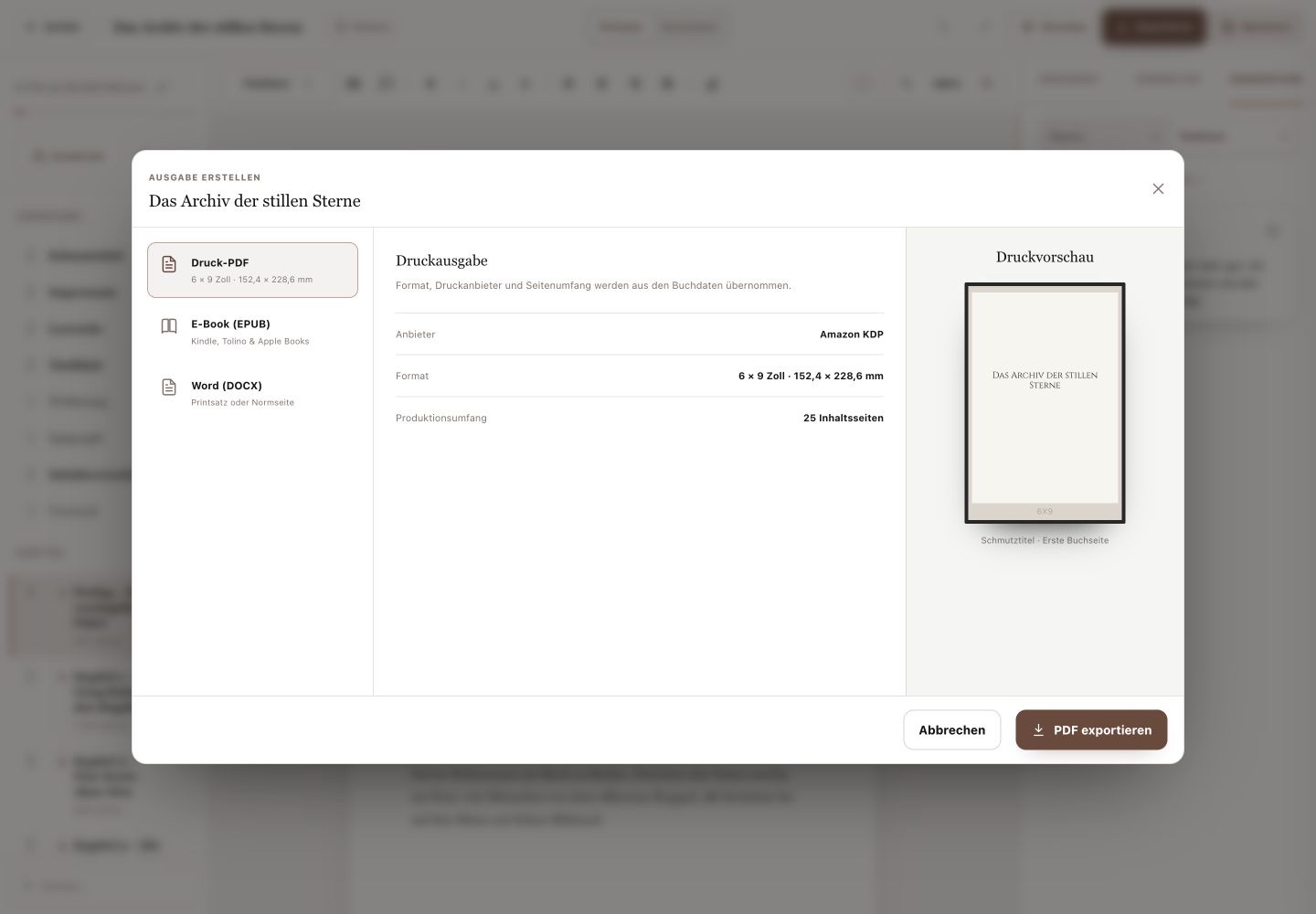 Export dialog with print PDF, EPUB and Word