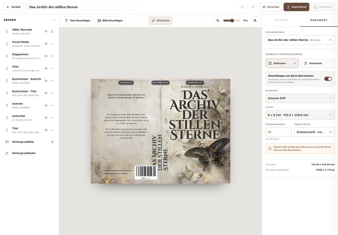 Cover-Editor mit Ebenenliste und vollständigem Buchumschlag