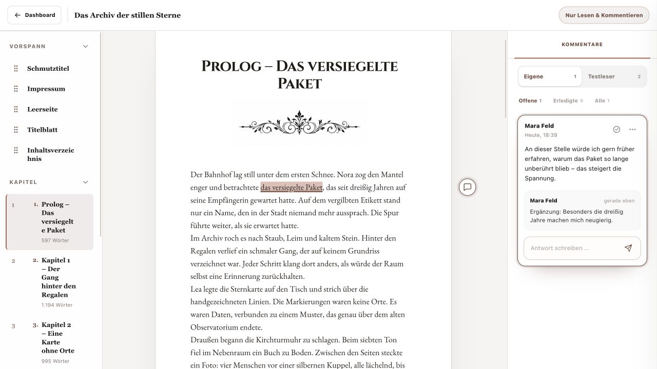 Eigener Kommentar von Mara Feld mit Antwort im Kommentarbereich