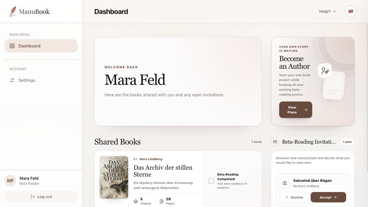 Mara Feld's beta-reader Dashboard with an invitation and shared book