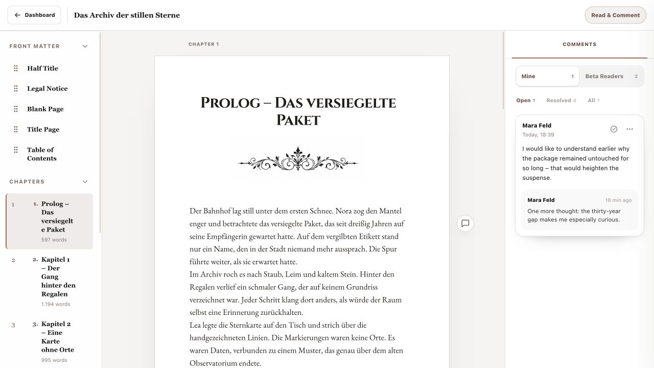 Reading mode for the shared book Das Archiv der stillen Sterne
