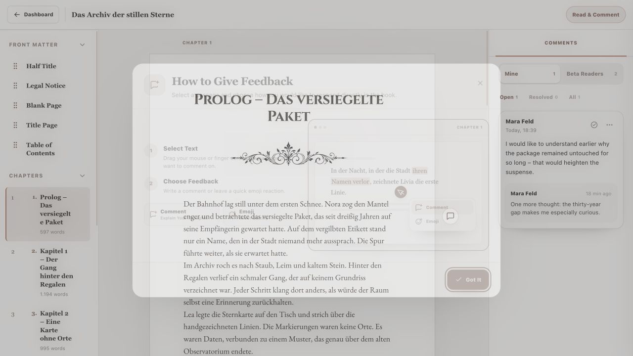 Feedback introduction in reading mode with text selection and response types