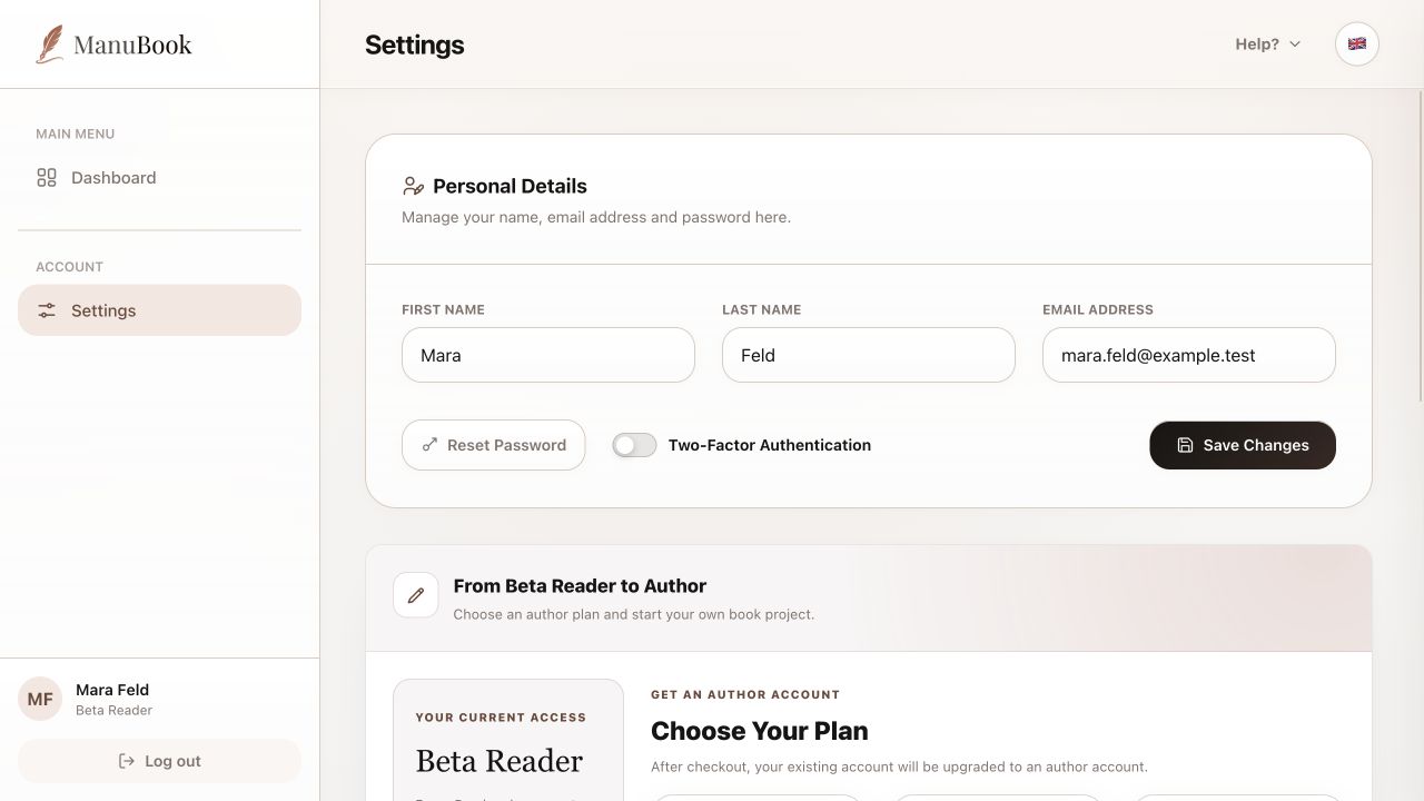 Settings for Mara Feld's beta-reader account