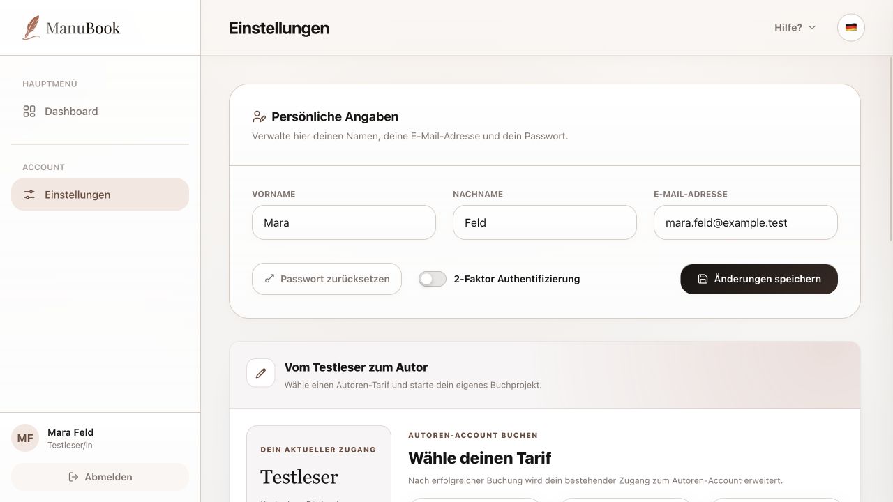 Einstellungen des Testleser-Accounts Mara Feld
