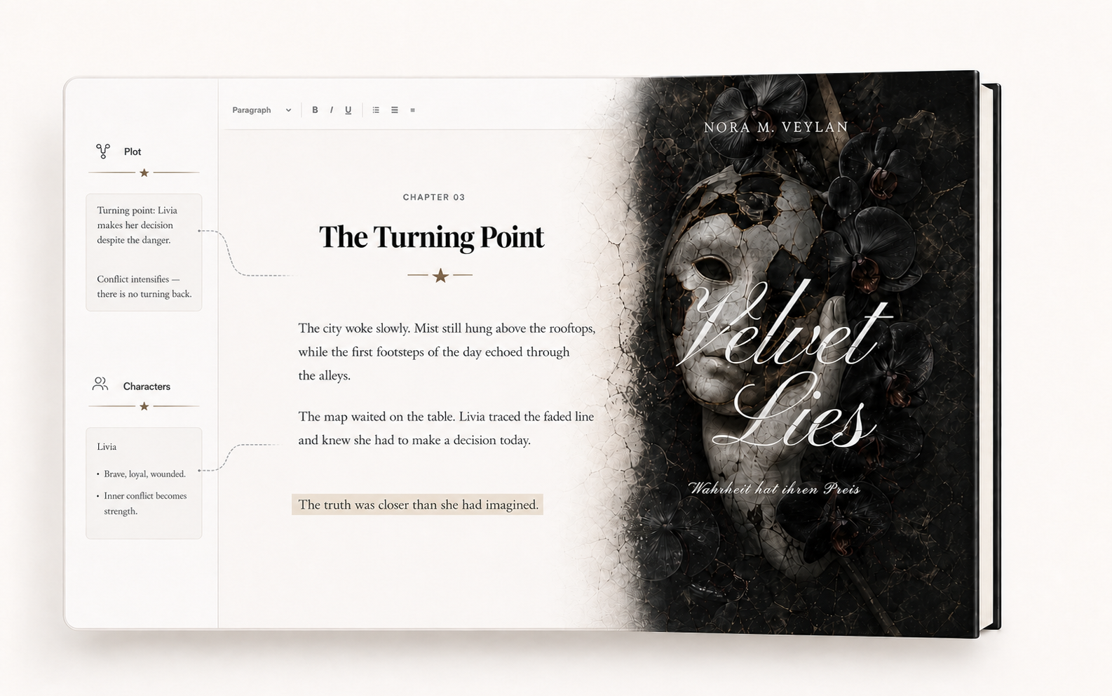ManuBook takes a manuscript seamlessly from the writing studio to the finished Velvet Lies book cover.