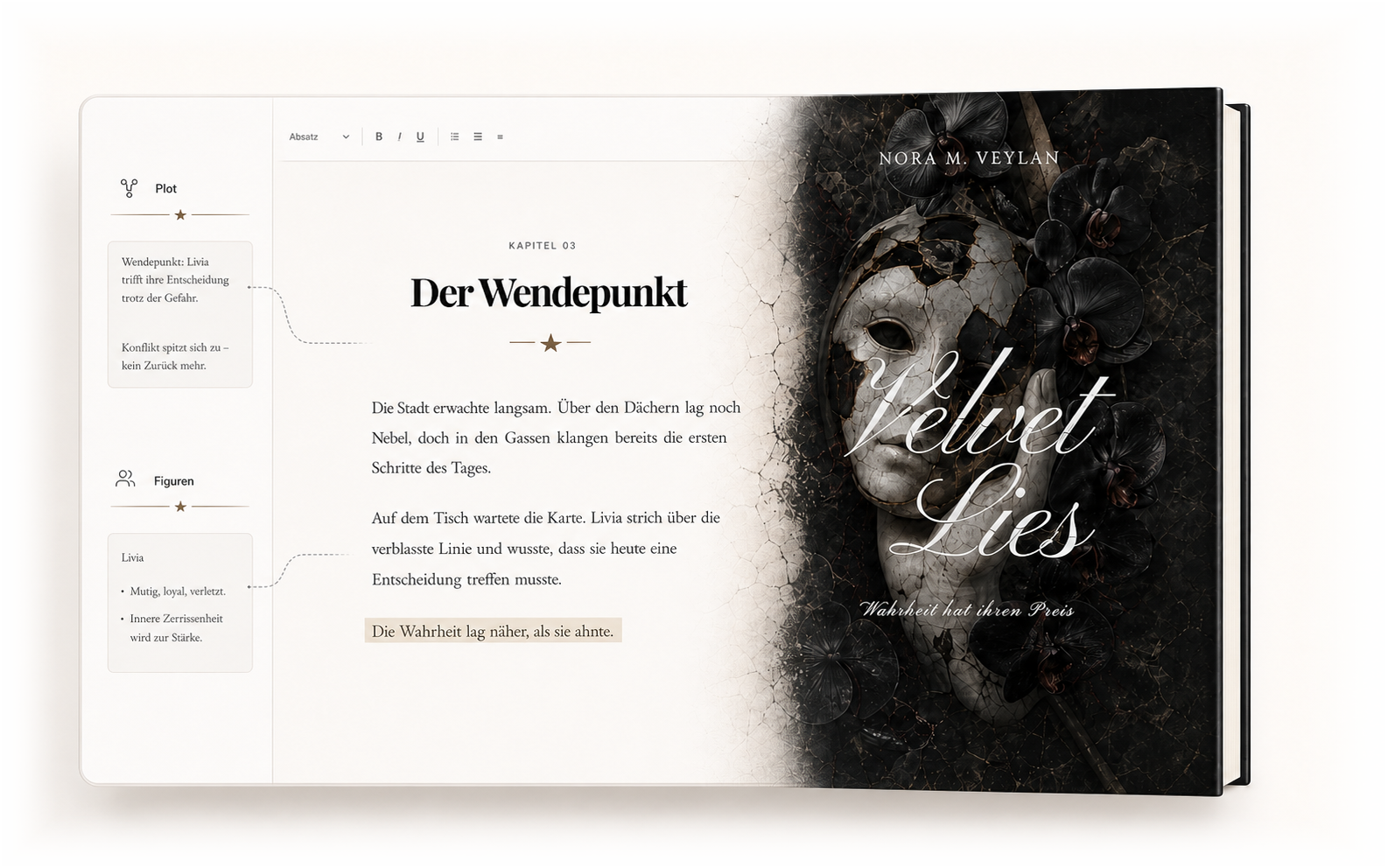 ManuBook begleitet ein Manuskript vom Schreibstudio nahtlos bis zum fertigen Buchcover Velvet Lies.